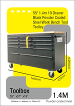 55" 1.4m 10 Drawer Black Powder Coated Steel Work Bench Tool Trolley Toolbox