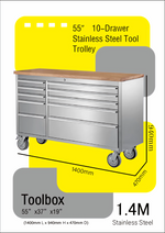 55" 1.4m 10 Drawer Stainless Steel Work Bench Tool Trolley Toolbox