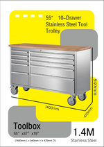 55" 1.4m 10 Drawer Stainless Steel Work Bench Tool Trolley Toolbox