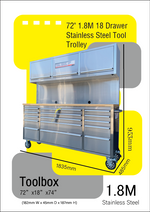 72" 1.8M 18 Drawer Stainless Steel Tool Trolley Box Tool Cabinet