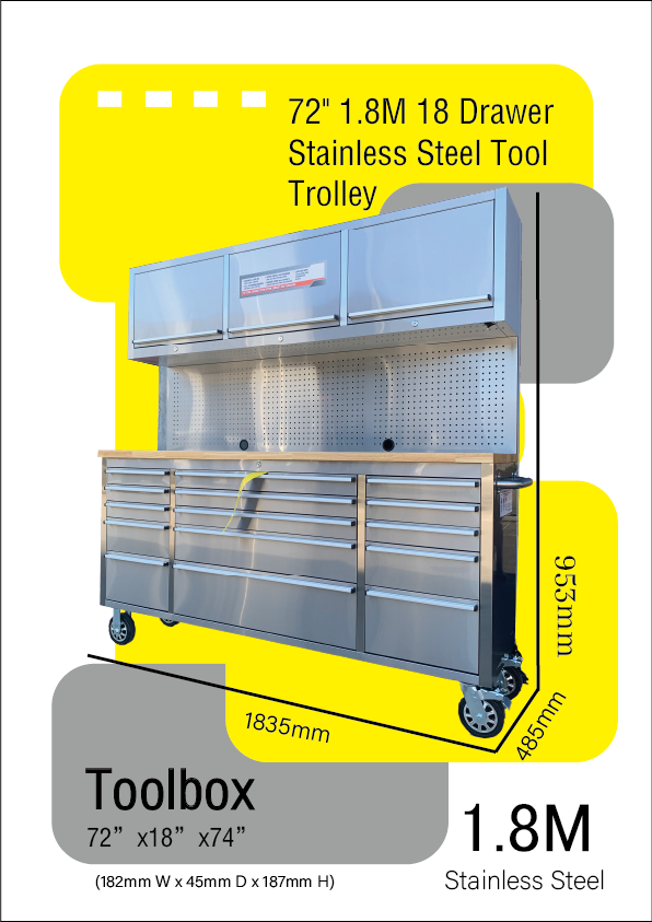 72" 1.8M 18 Drawer Stainless Steel Tool Trolley Box Tool Cabinet
