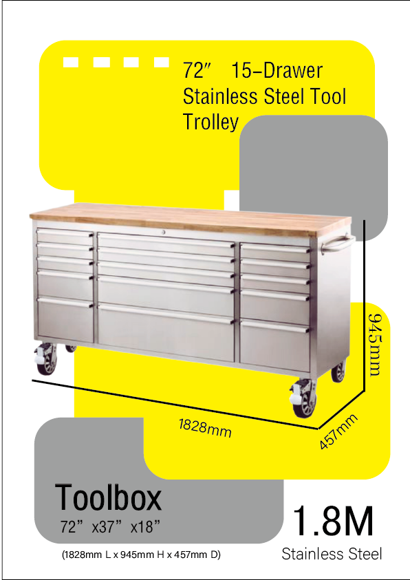 72" 1.8M 15 Drawers Stainless Steel Cabinet Toolbox Tool Box Storage Trolley