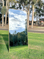 Gold-framed rectangular full-length mirror reflecting a scenic outdoor view with trees and sky