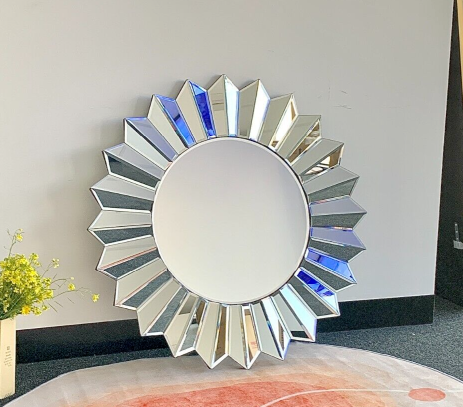 Sunburst Round Decorative Mirror Frameless Large Accent Mirror Wall Mirror